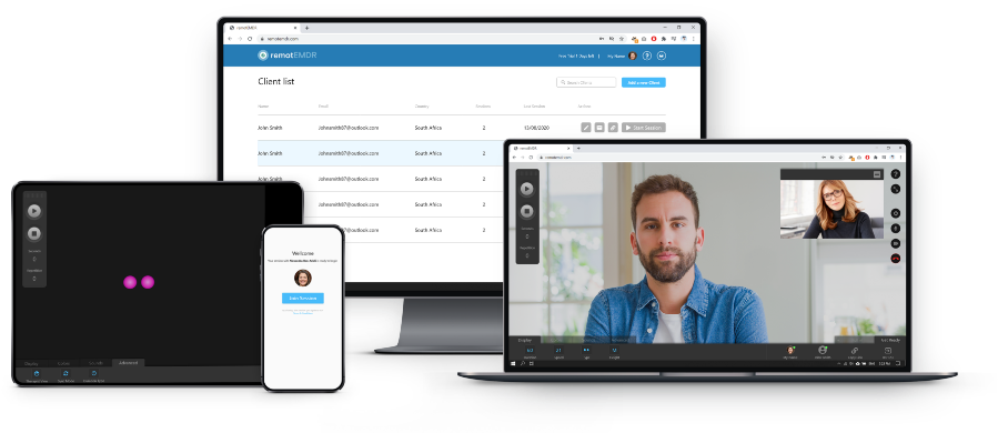 Picture of remotEMDR being used on different devices: desktop, laptop, tablet and smartphone.
